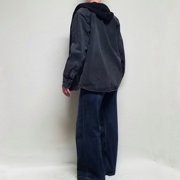 VINTAGE 80s Black Denim Contrast Hood Long Sleeve Button Up Grunge Jacket Medium - Picture 3 of 12